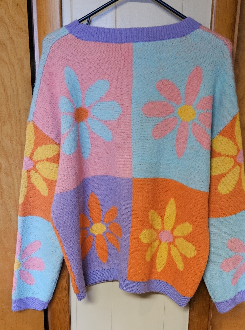 Easel Pastel Floral Colorblock Knit Sweater - Pink, Blue & Orange - Picture 3 of 3